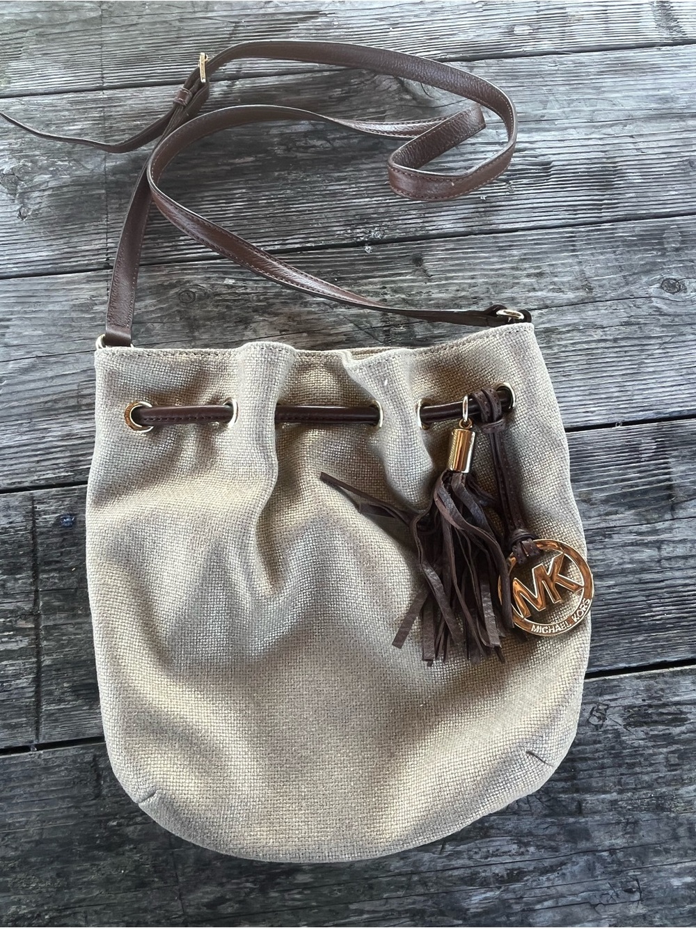 Michael Kors Beige metallic Canvas Drawstring Crossbody with Brown Leather Trim